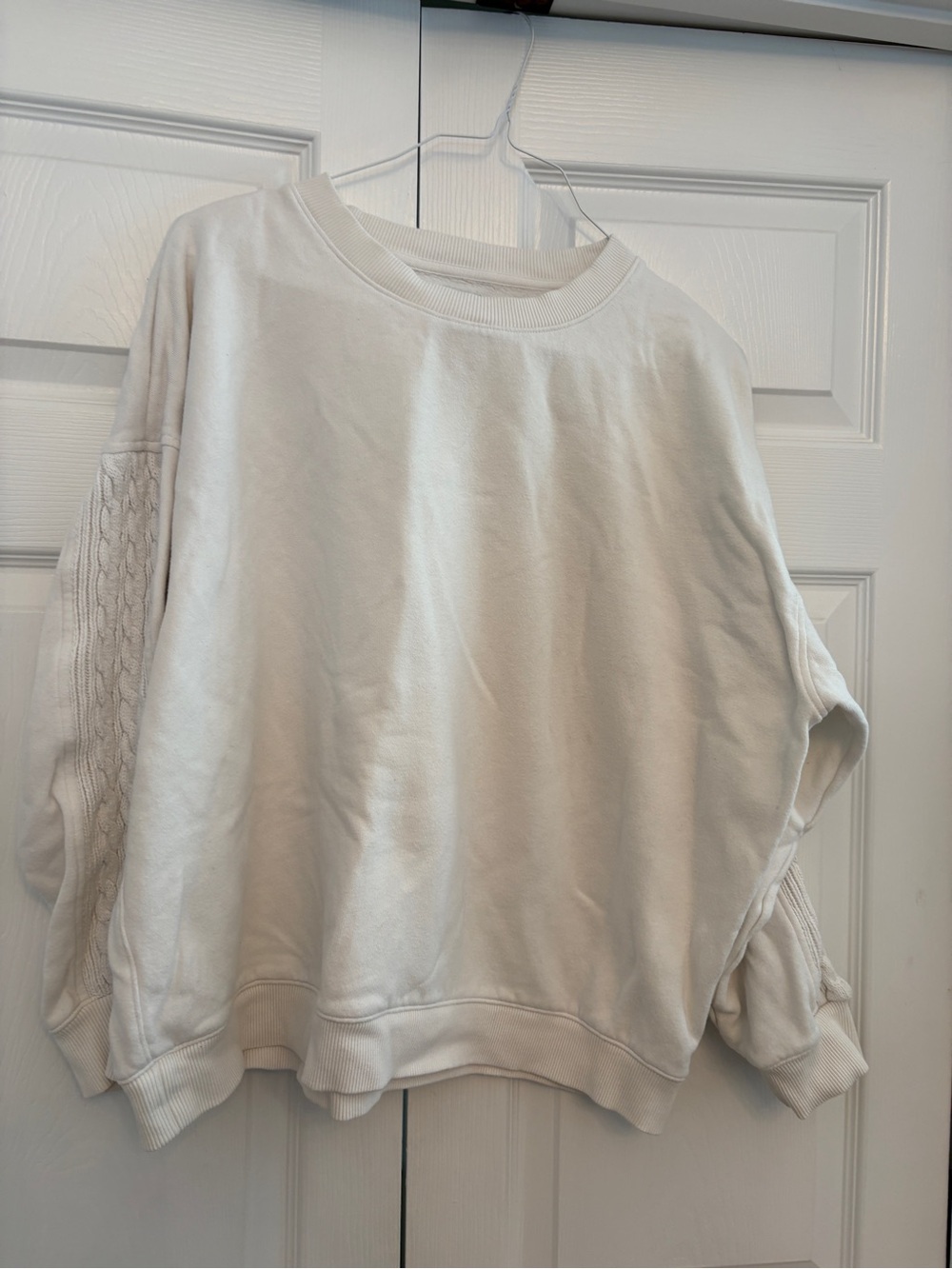 aerie Cream Crewneck Sweatshirt with Cable Sleeve Detail